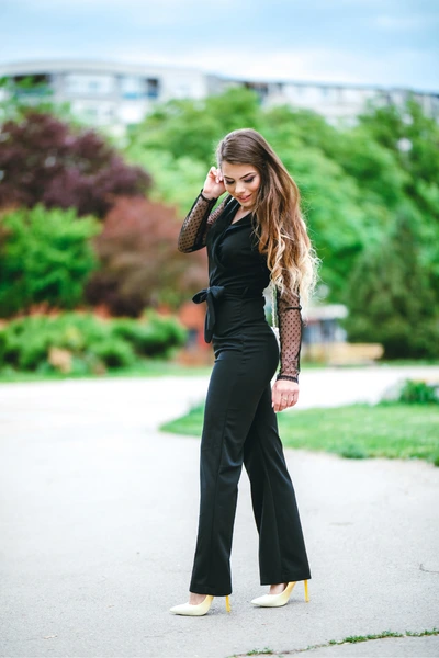 black jumpsuit examples with high heels